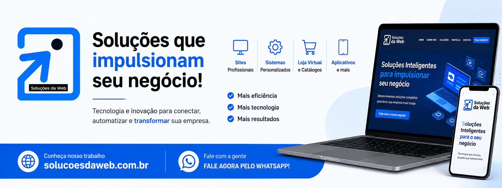 Cadastre gratuitamente e faca parte do no clube de benefícios (1) Banner Soluções da Web com laptop e celular
